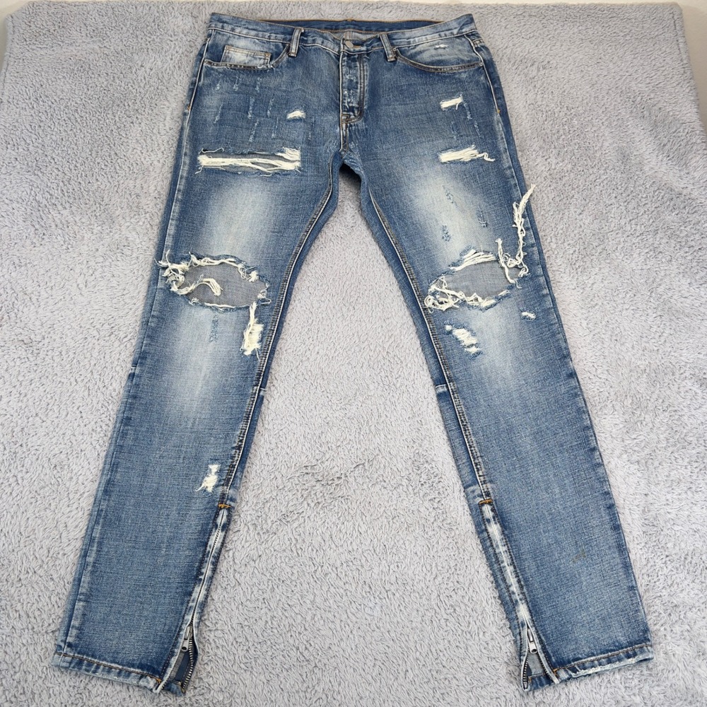 MNML M1 Distressed Denim Jeans Mens 38 Blue Ripped Ankle Zip Streetwear Slim